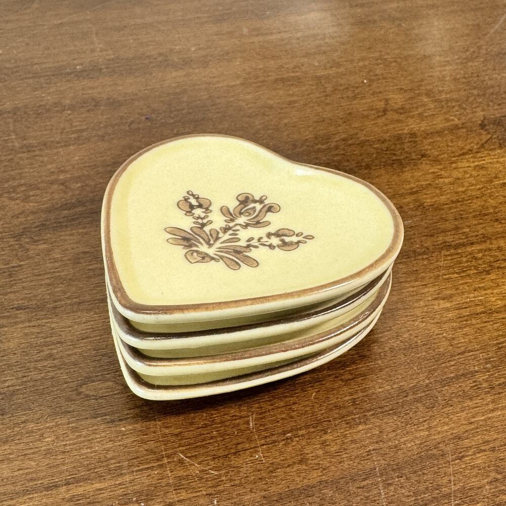 Vintage Heart Shaped Decorative Plates Set of 4 Yellow Brown Floral Coasters